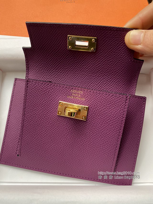 Hermes卡包 愛馬仕原版Kelly Pocket Epsom皮 Hermes新款小錢包 海葵紫金扣  tdh2177